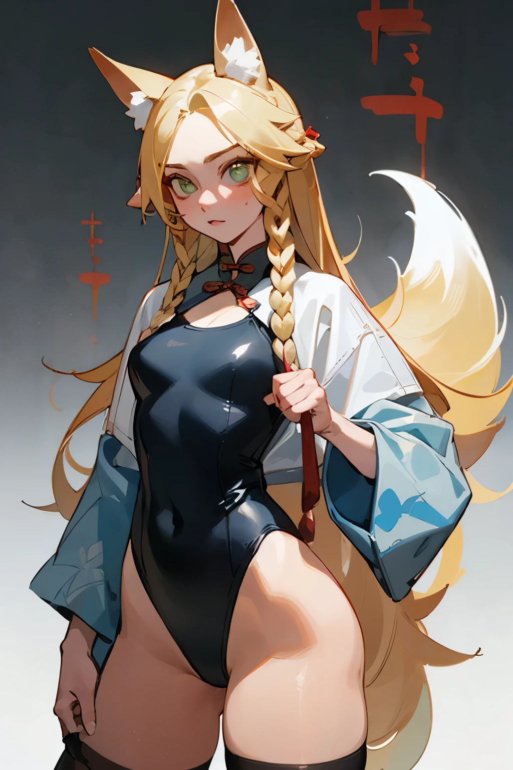 (masterpiece, best quality) detailed, Wearing black tights , Blonde ,elegant, (Fox ears)，Red Eyeshadow, Chinese element pattern，thigh，漏出thigh，White shirt，Deep V one-piece swimsuit，Gradient