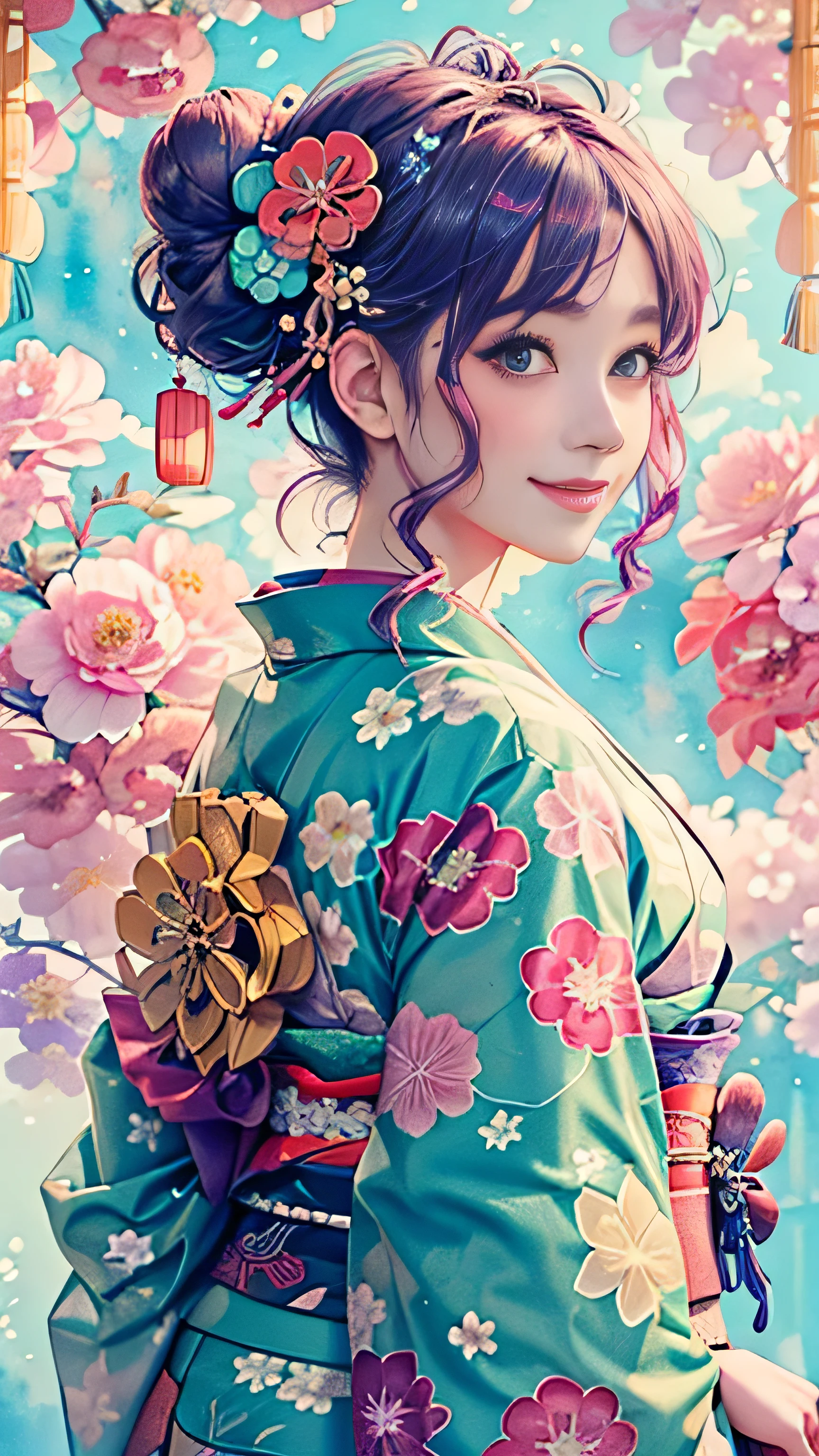 8k, highest quality, High resolution, Beautiful girl 1 25 years old,  flower buns,smile, (Traditional Japanese Kimono:1.3)、High-end kimono、No wrinkles at all,Watercolor, (Flower Hair Ornaments:1.3)