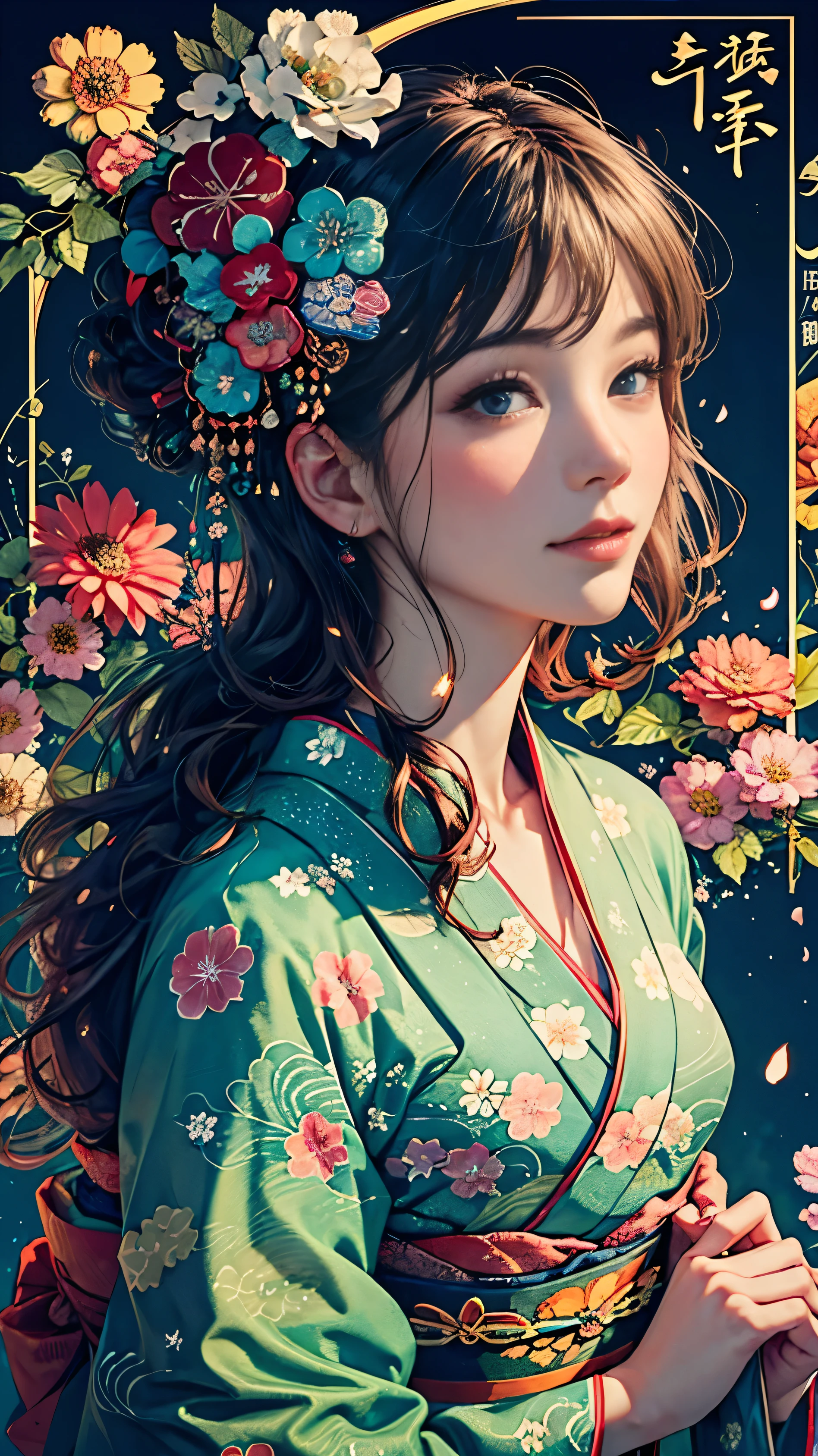 8k, highest quality, High resolution, Beautiful girl 1 25 years old,  flower buns,smile, (Traditional Japanese Kimono:1.3)、High-end kimono、No wrinkles at all,Watercolor, (Flower Hair Ornaments:1.3)