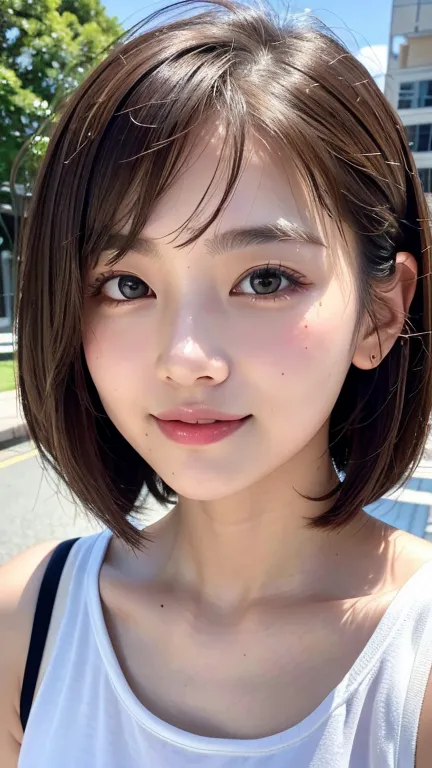 (((Shoulder-length brown hair with straight mini bob、Loose hairstyle)))、(((Summer park in the background、Pose like a model at th...