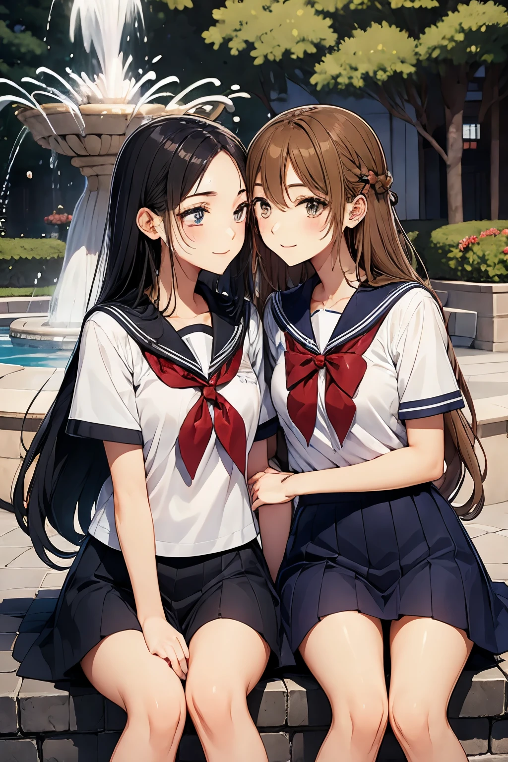 Two high school girls sitting and kissing in front of a fountain in a park、seductive smile、