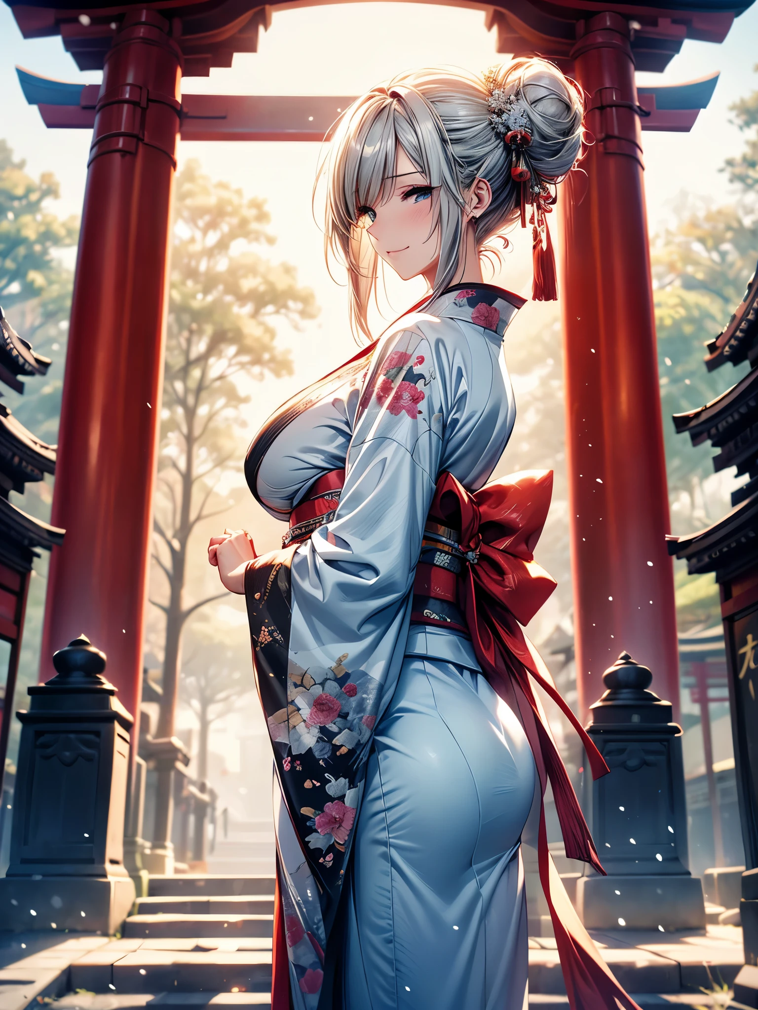 28 years old, Sexy body, Slim body, Silver hair fades to light blue tail, hair covering one eye, /Asymmetrical hair, /half bun hair, /half updo half up half down, /Medium Length Hair, /long wavy hair, blue eyes, break, Japanese clothes, kimono, neat kimono, Zen garden in Japanese temple, In front of the torii gate, New Year Visit, hands together, Pray for the future, Smile, In winter, Snow covered ground, There is snow, snowflake, Dynamic Angle, from the side, (Correct anatomy, Ideal body proportions), (/A night under the stars, /In the morning, under the holy light), break, high resolution, original photo, Photorealism, Stay focused, (natural lighting, Textile shading), Detailed background, Perfect layer cut, Focus on the eyes, (milf:1.5), Depth of Field, Bokeh, cowboy shot, ray tracing, masterpiece, best quality, 8K, retina, masterpiece, ccurate