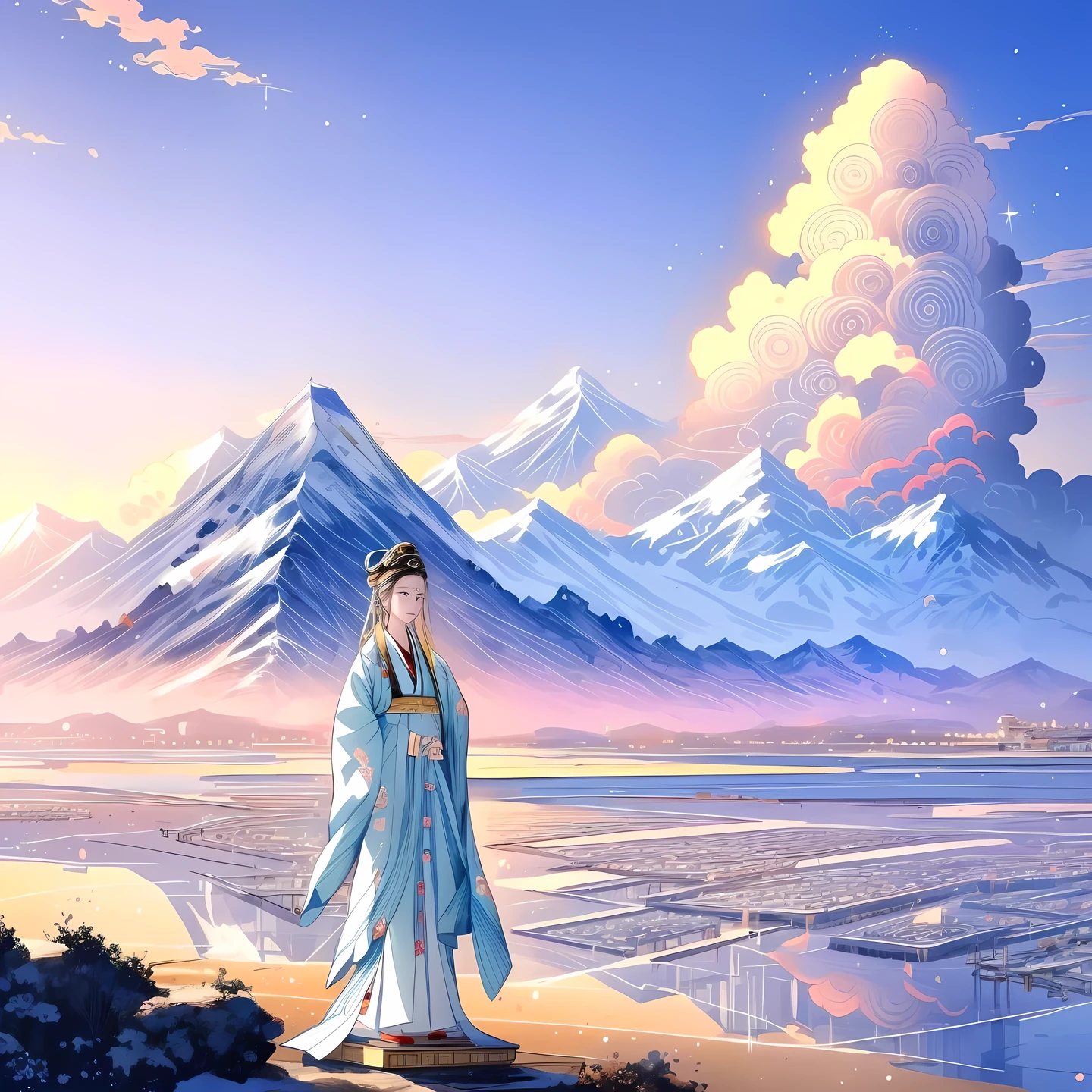 ((best quality)), ((masterpiece)),((1girl,smirk)),(guanyin),hanfu,mountainous horizon,