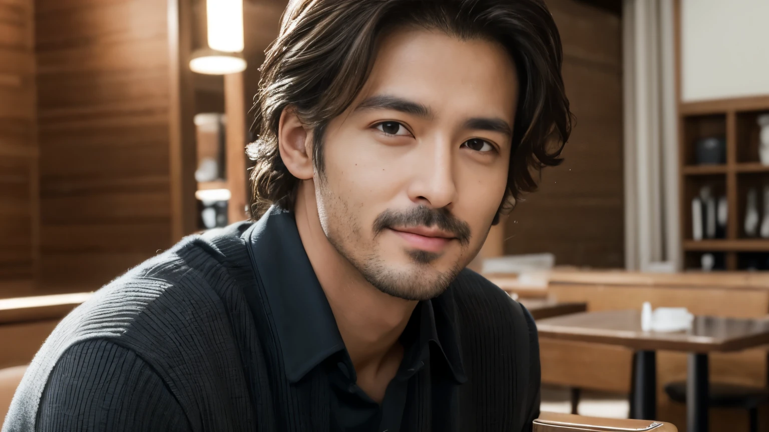 musician、A refreshing, handsome man in his 40s、（Super cool S-class boys）、Japanese male, 40 years old、、Photographed inside the cafe、a handsome guy、（CG Unity 8K high resolution photo）、（Very detailedＳクラスのa handsome guy性）、（Photorealistic）、（highest quality））、Very detailed、super high quality、expensive、Audience、kind person、Very beautiful hair　Perm Hair、Bright photo、Handsome like a model、Handsome like an idol、looking at the camera、Inside a stylish cafe、Stubble