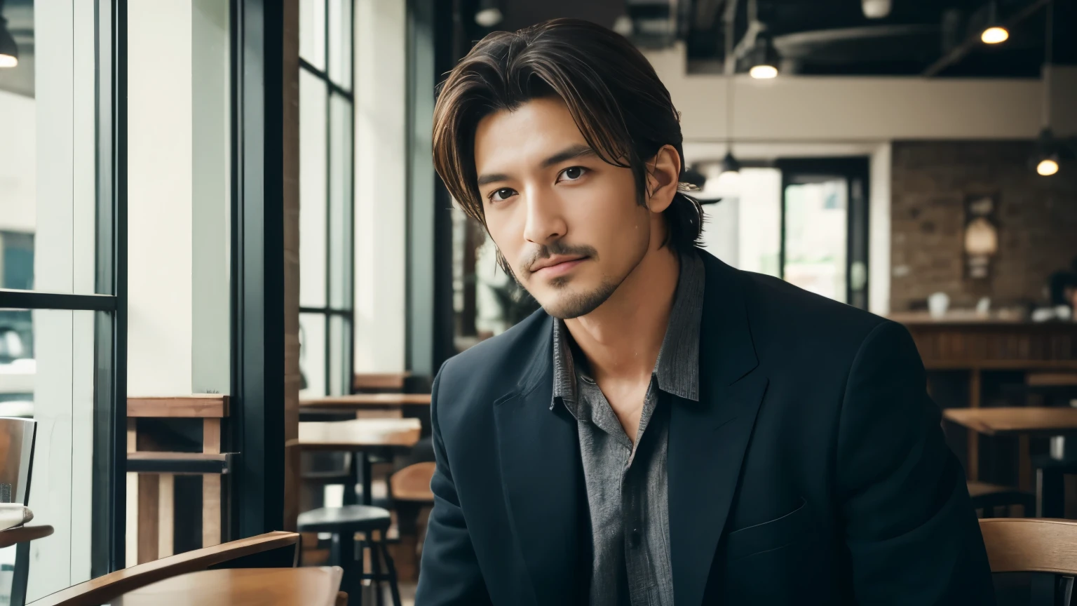 musician、A refreshing, handsome man in his 40s、（Super cool S-class boys）、Japanese male, 40 years old、、Photographed inside the cafe、a handsome guy、（CG Unity 8K high resolution photo）、（Very detailedＳクラスのa handsome guy性）、（Photorealistic）、（highest quality））、Very detailed、super high quality、expensive、Audience、kind person、Very beautiful hair　Perm Hair、Bright photo、Handsome like a model、Handsome like an idol、looking at the camera、Inside a stylish cafe、Stubble