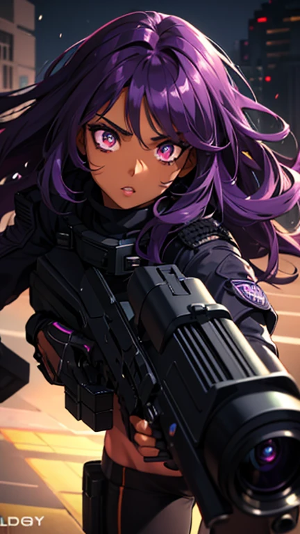 Una linda chica de piel morena., cuerpo atractivo, pelo morado ondulado [con tonos de negro], ojos dorados (brillante), ultra realistic eyes, con una pistola, saltando, con traje de francotirador, Valorant Riot game, cara redonda, Iluminación realista, radiosidad, de cerca.