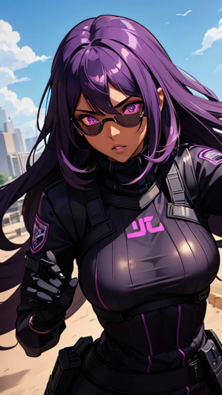 A cute girl with brown skin, sexy body, wavy purple hair [with shades of black], golden eyes (shiny), ultra realistic eyes, with a pistol, jumping, with sniper outfit, Valorant Riot game, round face, realistic lighting, Radiosity, Close UP.