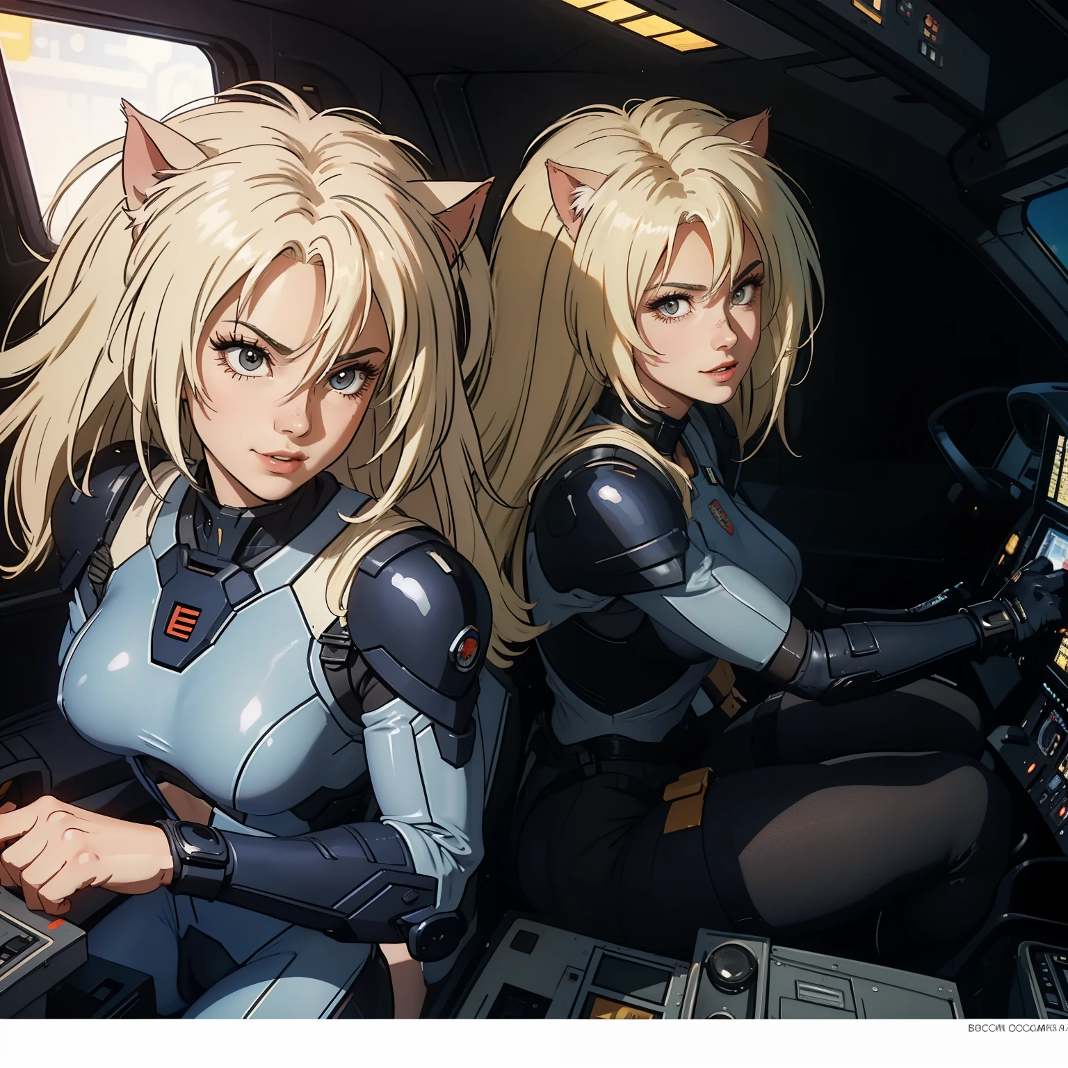 ((mais alta qualidade)), ((obra de arte)), (estar familiarizado com), (alta definição), 8K, Rosto Perfeito、2 mulheres、Duas mulheres loiras com orelhas de gato、((Duas pessoas pilotando um mobile suit na cabine))、Sorriso destemido、alto、2 orelhas de gato loiras、2. cabelo longo、2. Estilo de cabelo volumétrico、seios grandes、Cintura estreita、Bunda grande、Glamouroso、atraente、Protetor、armaduras、traje de combate、botas de combate、Armament、Cinematic、Melhor sombra、iluminação lateral、NEO TÓQUIO、((piloto e gunnar))、(Close do rosto)