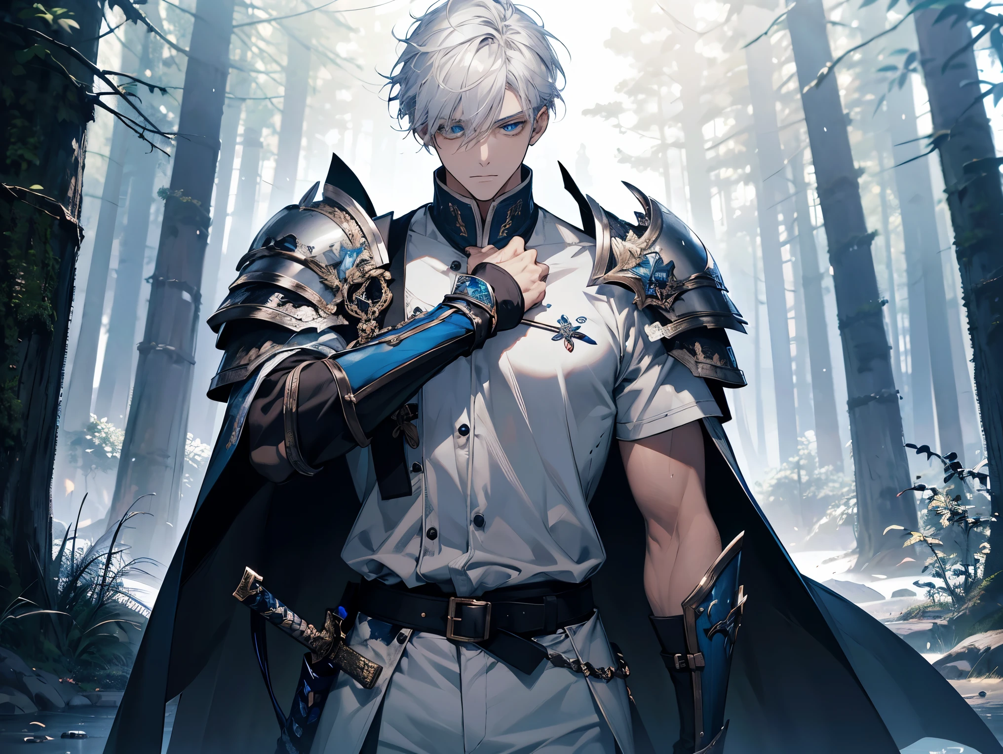 1 male, 26 year old, masculine, short white hair, Attractive, armor, White shirt, Rolled up sleeves, Black belt, Black pants, Beautiful blue eyes、beautiful hair、no expression, Trending on ArtStation, 8K resolution, Highly detailed, Anatomically correct, Sharp Image, Digital Painting, Concept art, of the highest quality、forest background, holding a long blue long sword.