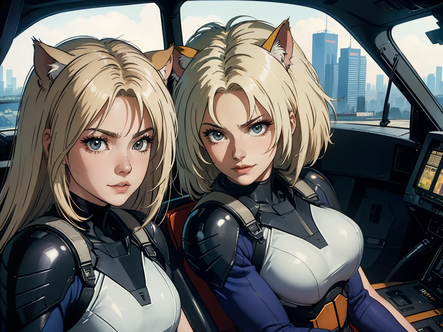 ((highest quality)), ((masterpiece)), (be familiar with), (High definition), 8K, Perfect Face、2Women、Two blonde women with cat ears、((Two people piloting a mobile suit in the cockpit))、Fearless smile、tall、2 Blonde cat ears、2. Long Hair、2. Volumetric hair style、Large Breasts、Narrow waist、Big Ass、glamorous、Alluring、protector、Armor、combat suit、Combat Boots、Armament、Cinematic、Best Shadow、Side lighting、NEO TOKYO、((pilot and gunnar))、(Close-up of face)