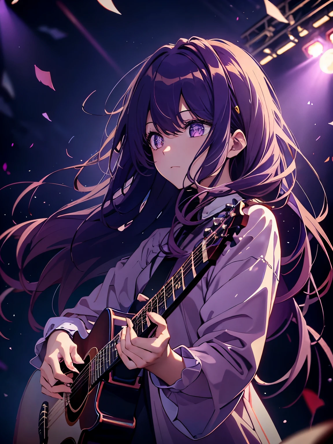 look up, Purple Hair, Purple eyes, Shining Eyes, Long hair blowing in the wind, Perfect composition, 8k、Playing guitar、live、concert、Colorful lights