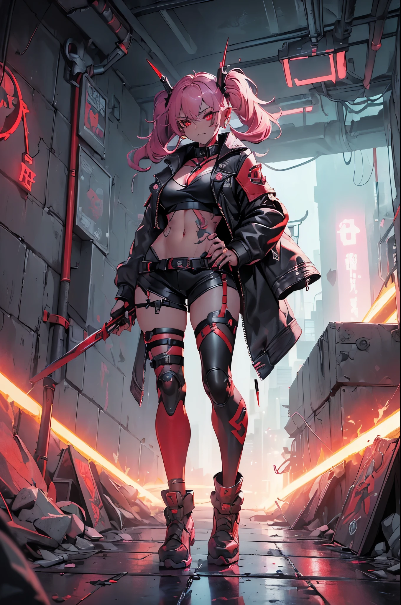 One girl, Rebecca \(cyber punk\), (((full body:1.5),Dynamic Angle,He holds a weapon in his right hand, raised it to his shoulder, and carries it on his shoulder.,Holding a hammer in your hand:1.5)),(One Woman,(Pink twisted twin tails), glowing Red eyes,Laugh fearlessly, Leg Tattoos, Neck Tattoo,  Large Breasts, Black bra, String, Red pupils, Leather Fang, Red eyes, Black jacket:1.35),cyber punk,cyber cityscape,