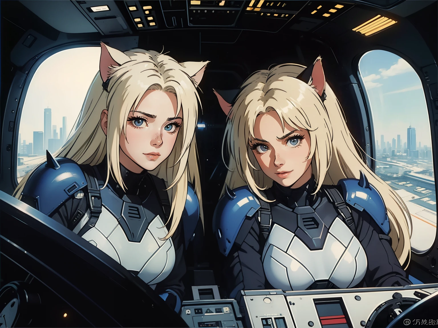 ((highest quality)), ((masterpiece)), (be familiar with), (High definition), 8K, Perfect Face、2Women、Two blonde women with cat ears、((Two people piloting a mobile suit in the cockpit))、Fearless smile、tall、2 Blonde cat ears、2. Long Hair、2. Volumetric hair style、Large Breasts、Narrow waist、Big Ass、glamorous、Alluring、protector、Armor、combat suit、Combat Boots、Armament、Cinematic、Best Shadow、Side lighting、NEO TOKYO、((pilot and gunnar))、(Close-up of face)