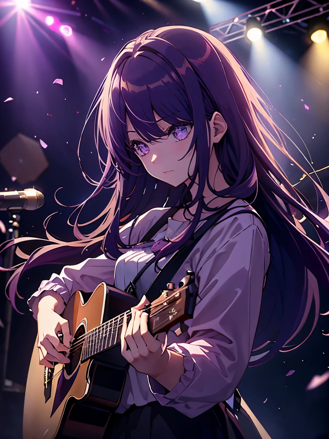 look up, Purple Hair, Purple eyes, Shining Eyes, Long hair blowing in the wind, Perfect composition, 8k、Playing guitar、live、concert、Colorful lights