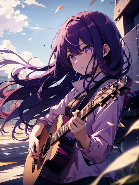 look up, Purple Hair, Purple eyes, Shining Eyes, Sniper rifle, Long hair blowing in the wind, Perfect composition, 8k、Playing gu...
