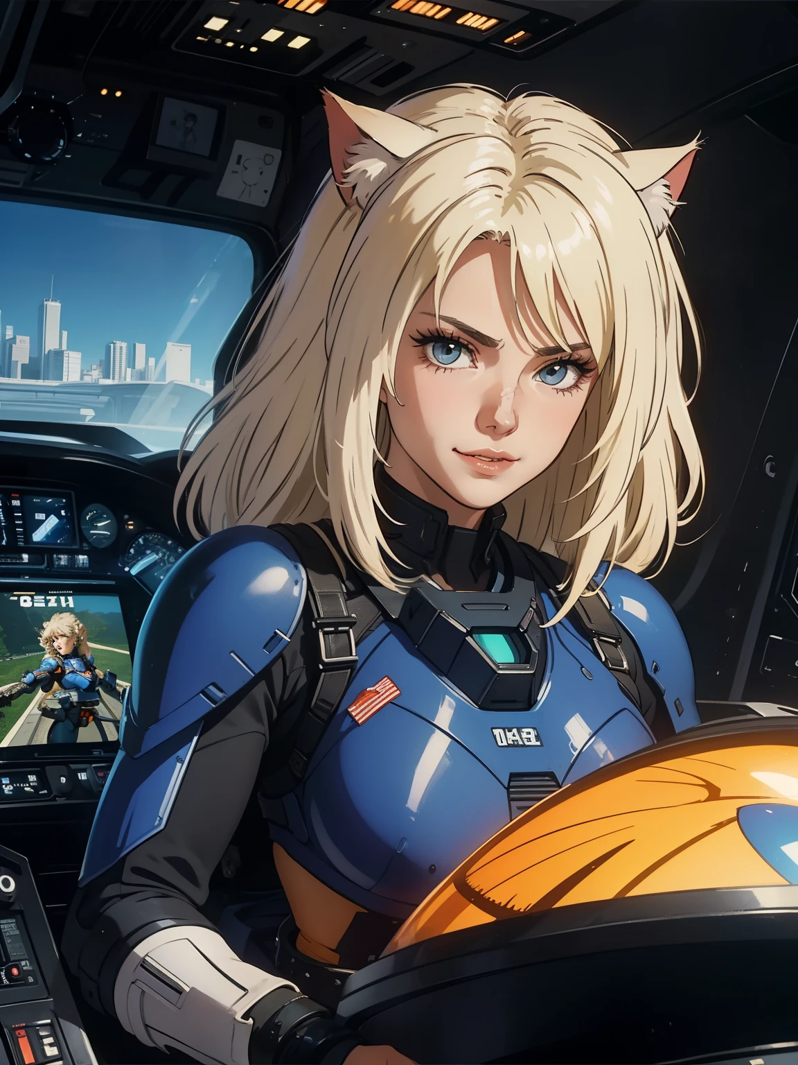 ((highest quality)), ((masterpiece)), (be familiar with), (High definition), 8K, Perfect Face、2Women、Two blonde women with cat ears、((Two people piloting a mobile suit in the cockpit))、Fearless smile、tall、2 Blonde cat ears、2. Long Hair、2. Volumetric hair style、Large Breasts、Narrow waist、Big Ass、glamorous、Alluring、protector、Armor、combat suit、Combat Boots、Armament、Cinematic、Best Shadow、Side lighting、NEO TOKYO、((pilot and gunnar))、(Close-up of face)