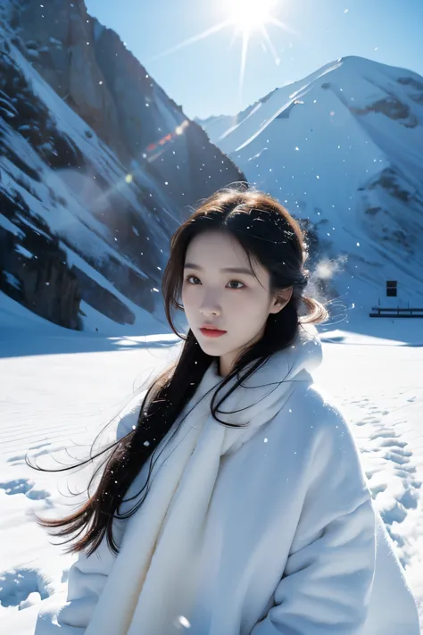 1 giril, fair_skin, perfect face, snow mountain background, cinema light