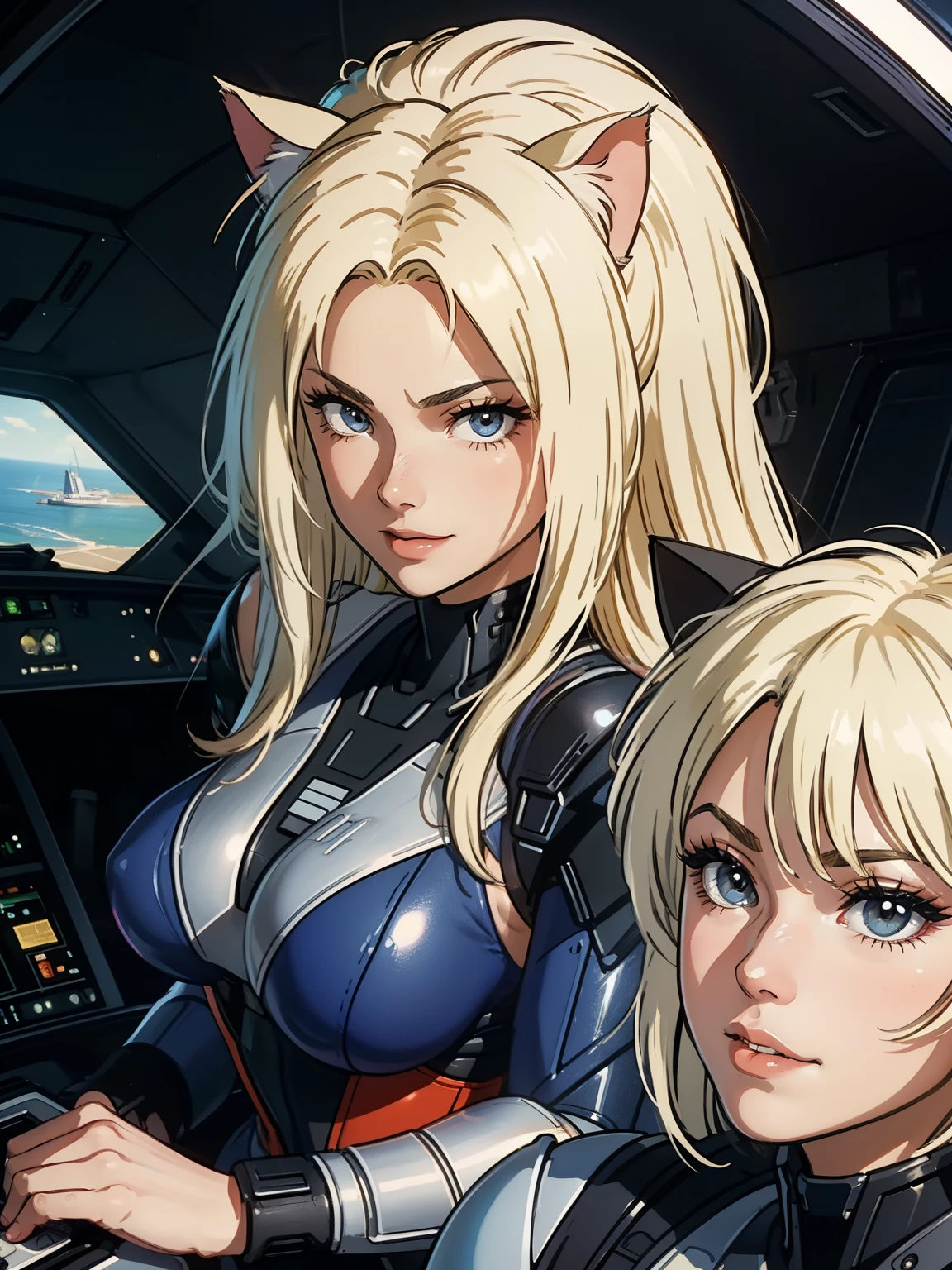 ((highest quality)), ((masterpiece)), (be familiar with), (High definition), 8K, Perfect Face、2Women、Two blonde women with cat ears、((Two people piloting a mobile suit in the cockpit))、Fearless smile、tall、2 Blonde cat ears、2. Long Hair、2. Volumetric hair style、Large Breasts、Narrow waist、Big Ass、glamorous、Alluring、protector、Armor、combat suit、Combat Boots、Armament、Cinematic、Best Shadow、Side lighting、NEO TOKYO、((pilot and gunnar))、(Close-up of face)