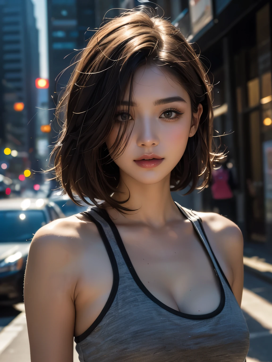 beautiful girl, bust, Bright red messy short hair, black eye shadow, (street style wear:1.2), (city background:1.2), dark makeup, The art of math, Popular topics on Artstation, highly detailed, fine details, complex,  beautiful detailed glow, detailed, Light, high resolution, detailed facial features,sharp focus, Light slippery, aesthetic,