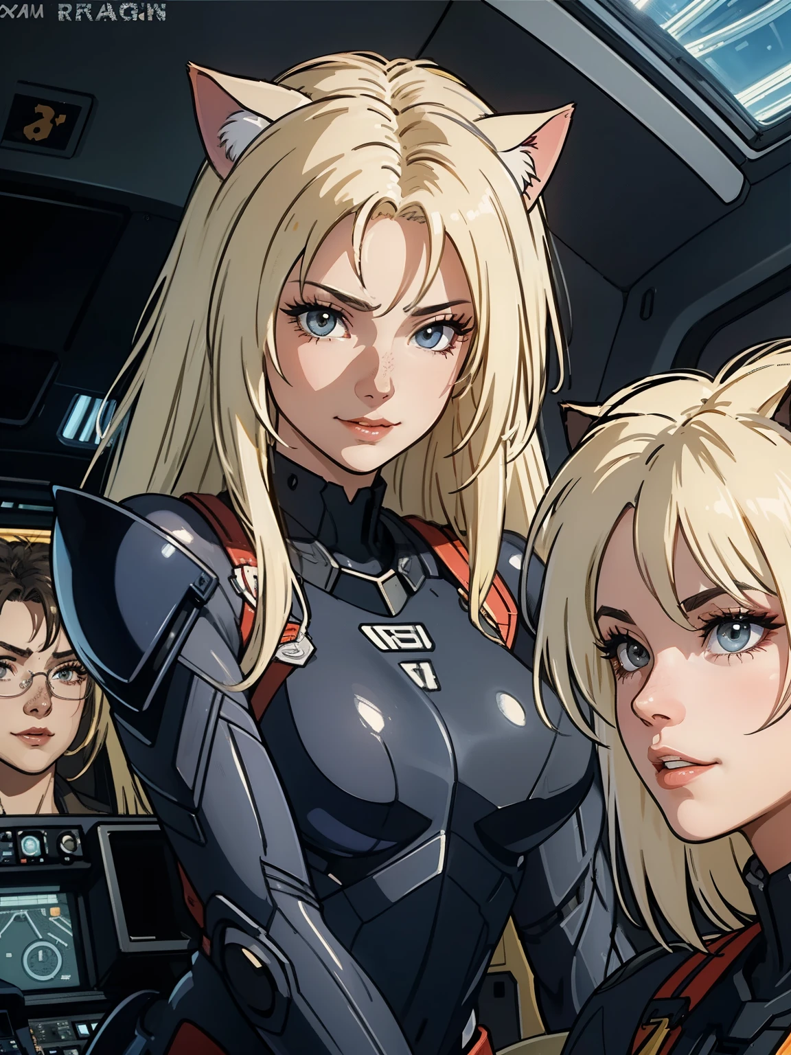 ((mais alta qualidade)), ((obra de arte)), (estar familiarizado com), (alta definição), 8K, Rosto Perfeito、2 mulheres、Duas mulheres loiras com orelhas de gato、((Duas pessoas pilotando um mobile suit na cabine))、Sorriso destemido、alto、2 orelhas de gato loiras、2. cabelo longo、2. Estilo de cabelo volumétrico、seios grandes、Cintura estreita、Bunda grande、Glamouroso、atraente、Protetor、armaduras、traje de combate、botas de combate、Armament、Cinematic、Melhor sombra、iluminação lateral、NEO TÓQUIO、((piloto e gunnar))、(Close do rosto)