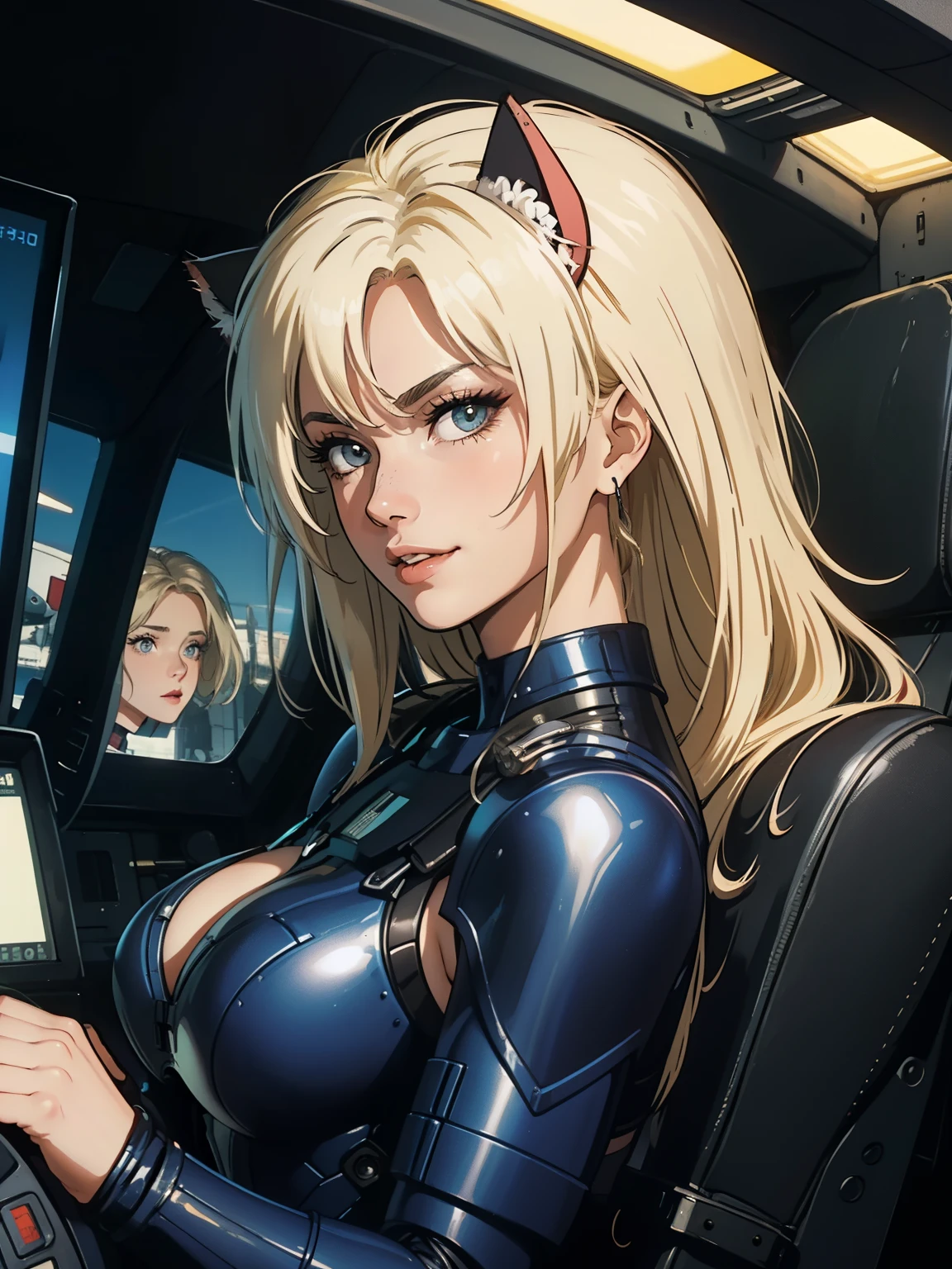 ((mais alta qualidade)), ((obra de arte)), (estar familiarizado com), (alta definição), 8K, Rosto Perfeito、2 mulheres、Duas mulheres loiras com orelhas de gato、((Duas pessoas pilotando um mobile suit na cabine))、Sorriso destemido、alto、2 orelhas de gato loiras、2. cabelo longo、2. Estilo de cabelo volumétrico、seios grandes、Cintura estreita、Bunda grande、Glamouroso、atraente、Protetor、armaduras、traje de combate、botas de combate、Armament、Cinematic、Melhor sombra、iluminação lateral、NEO TÓQUIO、((piloto e gunnar))、(Close do rosto)