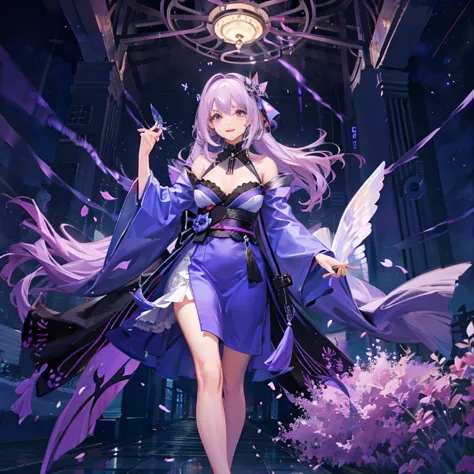 Light purple hair　Controlling the Light Butterfly　Very large breasts　Kimono　My chest is visible　night　woman　
