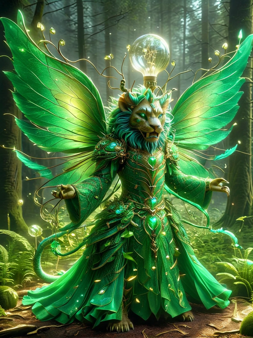 A fantastic, imaginary creature named Liom. This creature has the body of a lion, but instead of fur, its body is covered in luscious green leaves. It has a pair of dragonfly wings and can shine bright like a light bulb when it's dark. Its eyes are as clear as crystal balls, reflecting anything that is in front of it. Its roar sounds like the mixture of a lion's roar and the melodies of a beautiful song. It spends most of its time wandering around in deep forests, bathed in the glow of the forest under the shimmering moonlight.