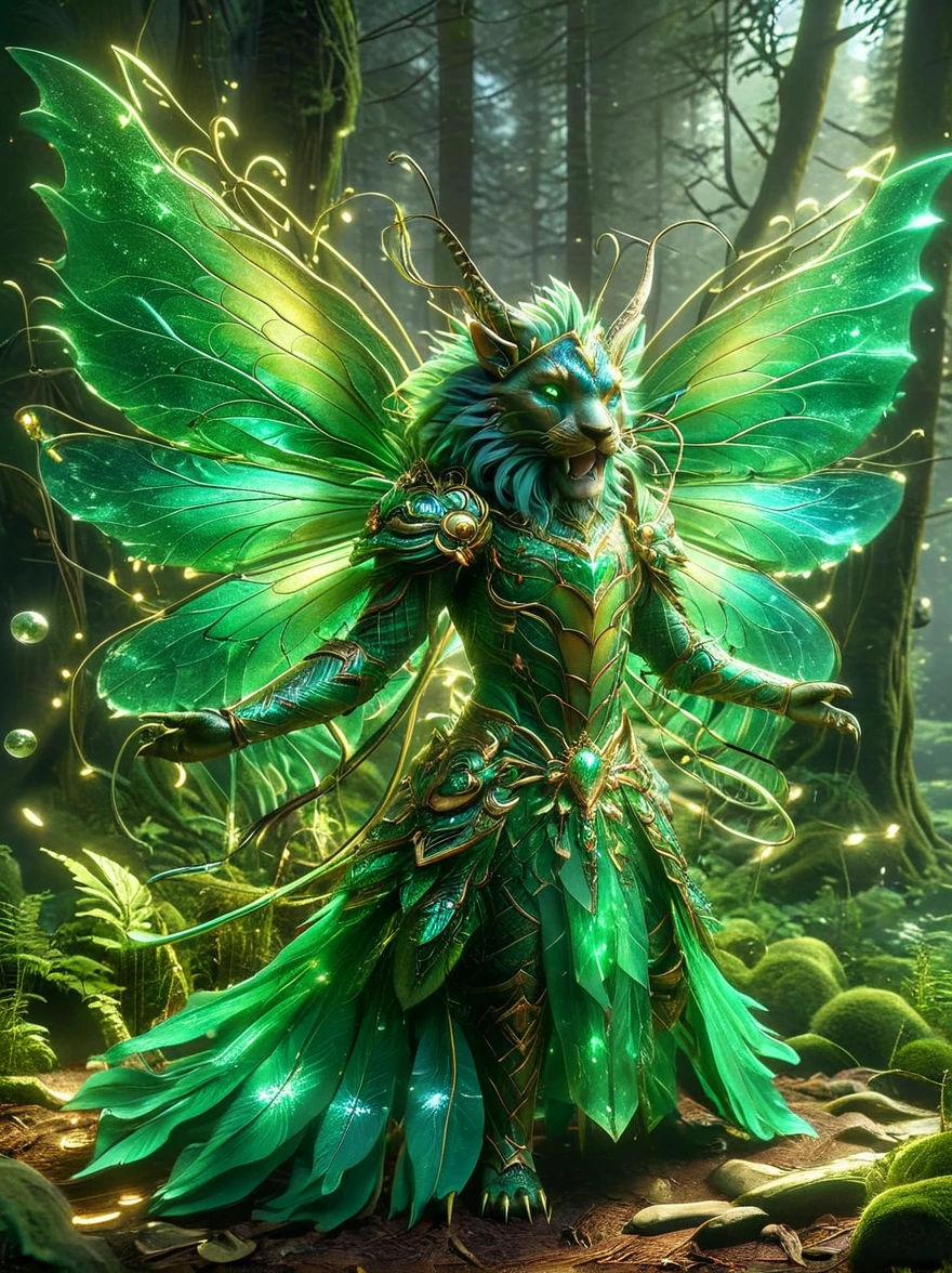 A fantastic, imaginary creature named Liom. This creature has the body of a lion, but instead of fur, its body is covered in luscious green leaves. It has a pair of dragonfly wings and can shine bright like a light bulb when it's dark. Its eyes are as clear as crystal balls, reflecting anything that is in front of it. Its roar sounds like the mixture of a lion's roar and the melodies of a beautiful song. It spends most of its time wandering around in deep forests, bathed in the glow of the forest under the shimmering moonlight.