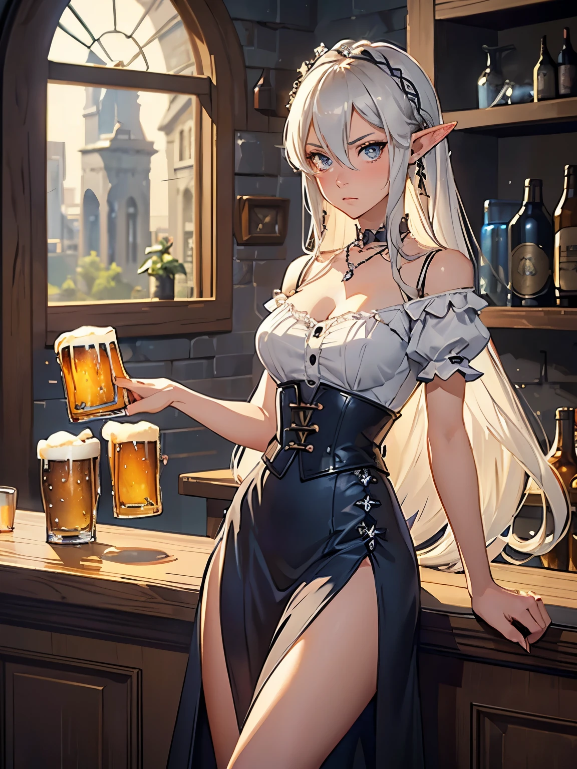 masterpiece, high quality, 1_woman, (upper body), sitting, mature, tall, beautiful, exotic, long elf ears, platinum blonde long hair, gray colored eyes, dark eyeliner, looking at the viewer, depressed expression, blushing, ((holding glass of beer)), medium_bust, cleavage, puffy shirt, white blouse, (((short sleeves))), bare_shoulders, dark blue high waist underbust dress, four buttons at waist, hair ornament, (blue rose in hair), flounce hemline, long skirt with slit, wearing (necklace with silver ring on it), rustic tavern, sitting at bar, window with stars, starry night,