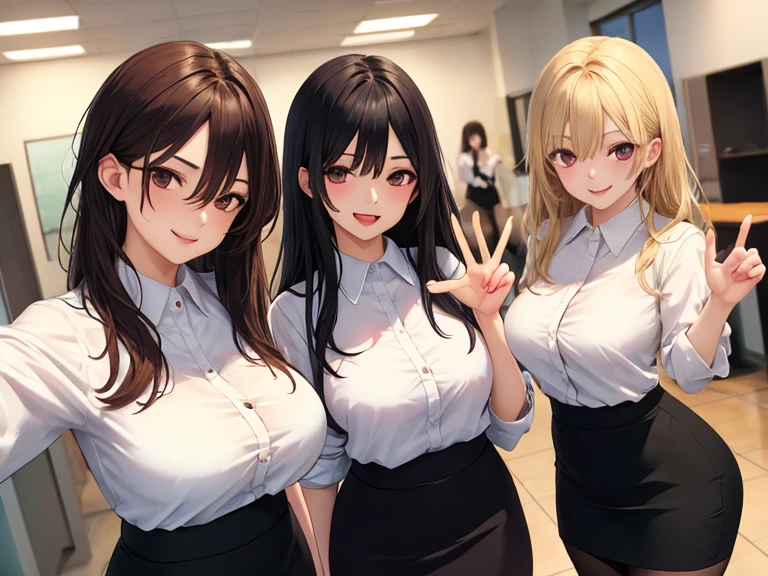 masterpiece, absurdres, best quality, (extremely detailed eyes and face), natural skin texture, detailed skin, sharp focus, intricate details, natural lighting, in the office,upper body shot
BREAK
(three women,light smile, harem, group picture:1.2), 24-year-old, black eyes, black long hair, various hairstyles, happy smile, (varions sexy posing),
BREAK
(large breasts:1.3), (slim waist:1.2), (wide hips:1.3), (black tights:1.2), business suit, (white shirt), (pencil skirt),
BREAK
(perfect fingers, perfect hands)