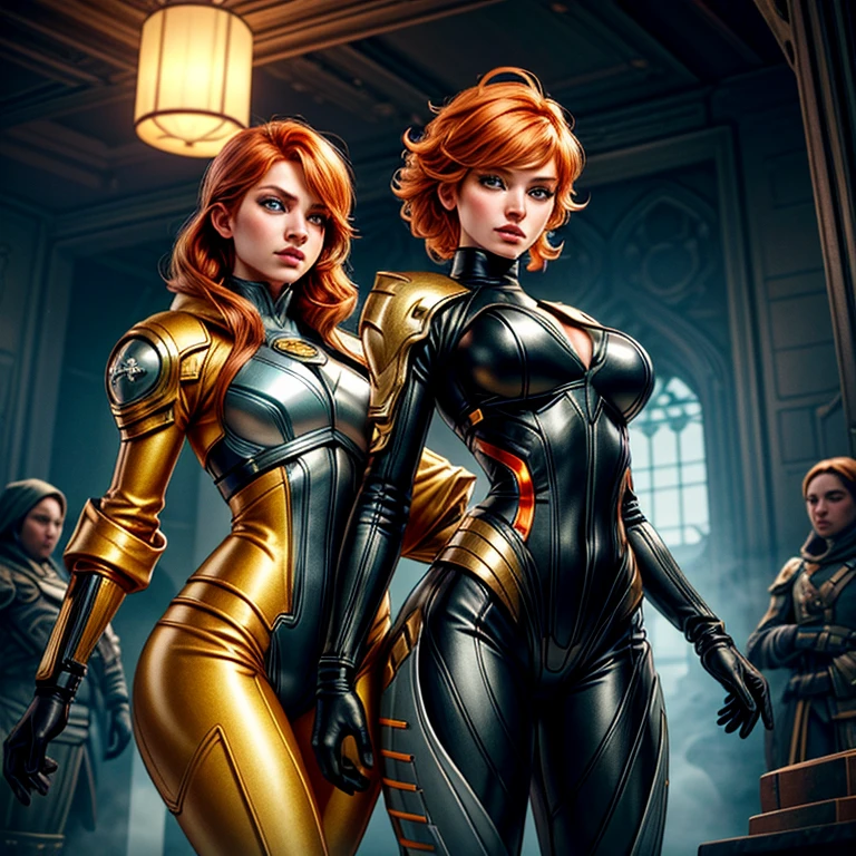 Two beautiful ginger women, with meticulously detailed bodies, clad in intricately designed space pirate attire. Their long foam pants and puffy jackets sway gently in the wind. Above their heads, an array of IPA Awards gleam, signifying their masterpiece status in the art world. Permanent lighting bathes their forms in a stunning, chromatic aberration, enhancing every curve and texture. The gritty foam on their ternos adds an element of excitement and energy. Ambient occlusion plays with shadows, creating depth and contrast. Lights flicker, casting sharp focus and contrast onto their faces, highlighting their features distinctly.Better backlight adds drama