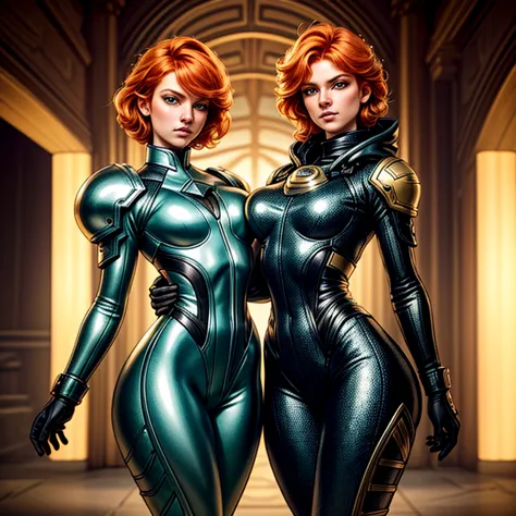 Two beautiful ginger women, with meticulously detailed bodies, clad in intricately designed space pirate attire. Their long foam...