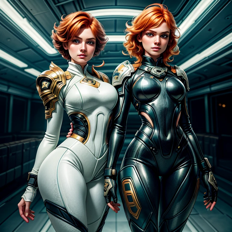 Two beautiful ginger women, with meticulously detailed bodies, clad in intricately designed space pirate attire. Their long foam pants and puffy jackets sway gently in the wind. Above their heads, an array of IPA Awards gleam, signifying their masterpiece status in the art world. Permanent lighting bathes their forms in a stunning, chromatic aberration, enhancing every curve and texture. The gritty foam on their ternos adds an element of excitement and energy. Ambient occlusion plays with shadows, creating depth and contrast. Lights flicker, casting sharp focus and contrast onto their faces, highlighting their features distinctly.Better backlight adds drama