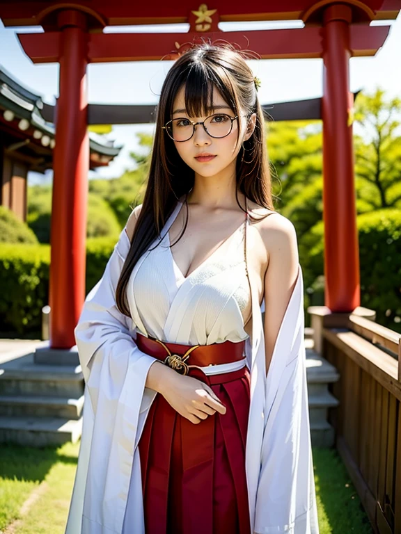 shrine maiden、Crimson too、shrine maiden装束、ceremony、shrine、within the territory、Long Hair、beautiful girl、Clear Skin、Oracle、The chest is slightly open、cowboy shot,shrine maiden outfit,red skirt,Glasses、