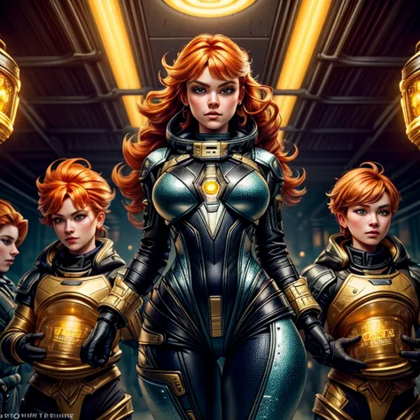 1 beautiful ginger women, with meticulously detailed bodies, clad in intricately designed space pirate attire. Their long foam p...