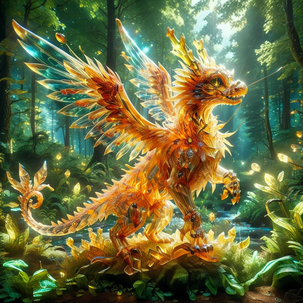 A creative depiction of a whimsical creature inspired by creatures from popular card-based games. The creature is entirely made up of glass, illuminating in the sunlight with a variety of colors reflecting off its surface. Its body resembles those of chimerical beasts, with elements of various animals combined. It has the wings of a bird, legs of a mammal, and a long tail which can possibly be seen as reptilian. As it glows, the glass creature stands majestically against a backdrop of a lush green forest, the shining beacon amidst nature's splendor.