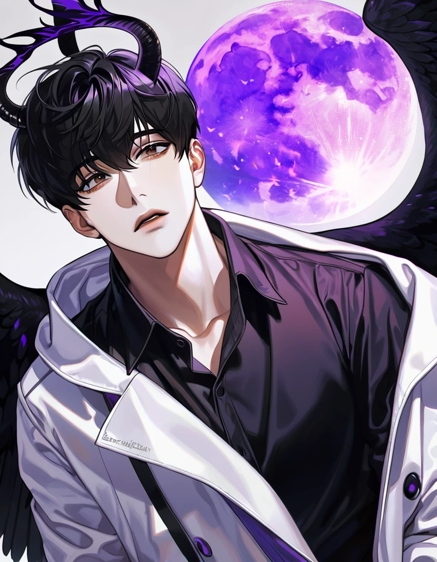 (absurdres, highres, ultra detailed, HDR) master piece, best quality, perfect face, Kim Dokja, black hair, expressive brown eyes, Omniscient reader's viewpoint, solo, sexy man, handsome, white coat, black shirt, black horns, black angel wings, purple moon, purple flames, purple butterflies