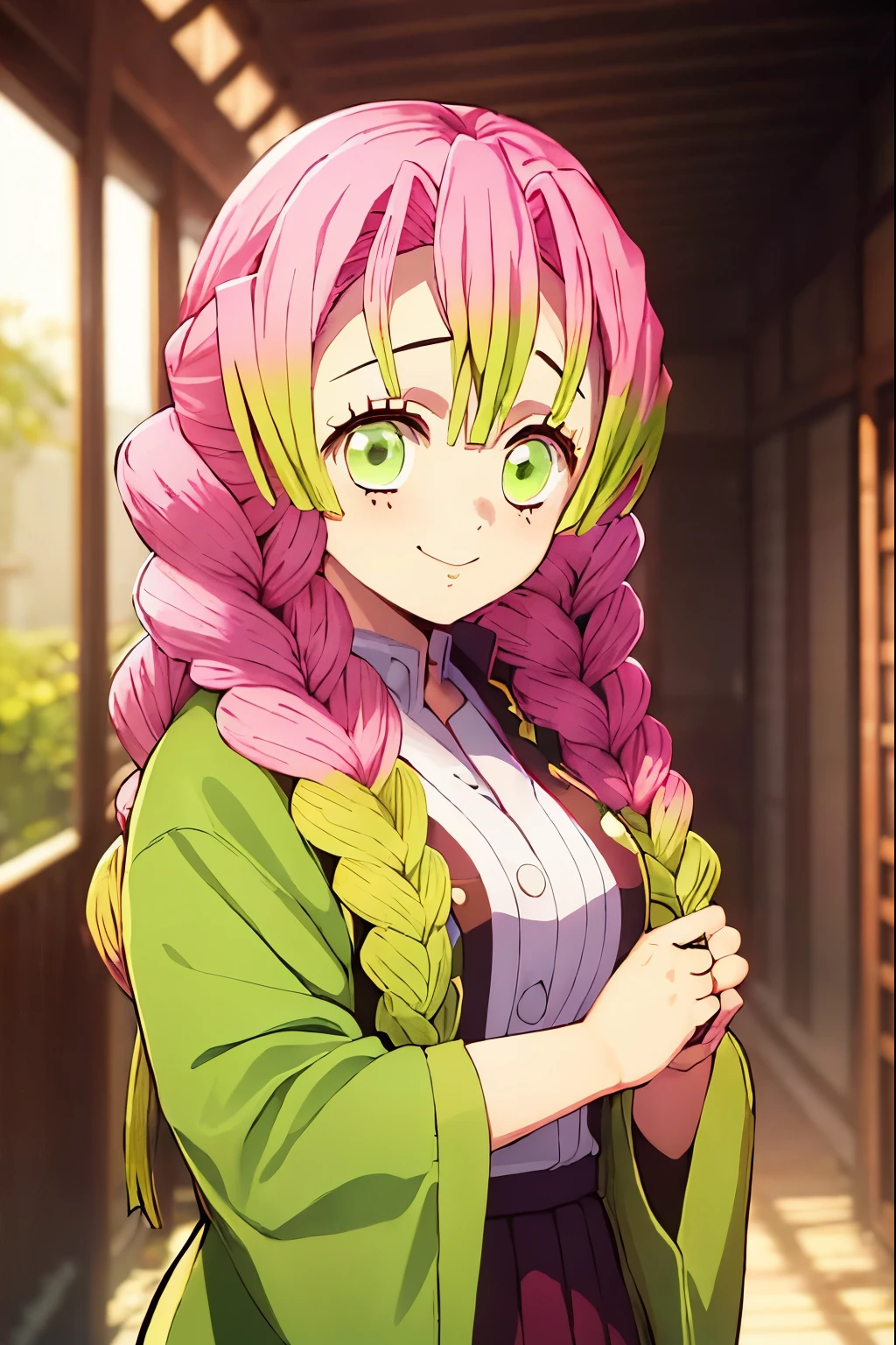 Anime girl with pink hair and green eyes standing in a room - SeaArt AI