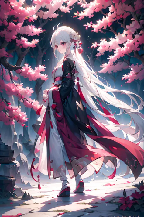 Anime drawing: A Japanese woman with pale, somber eyes gazes intently at the forest before her. Her long, cascading white hair f...