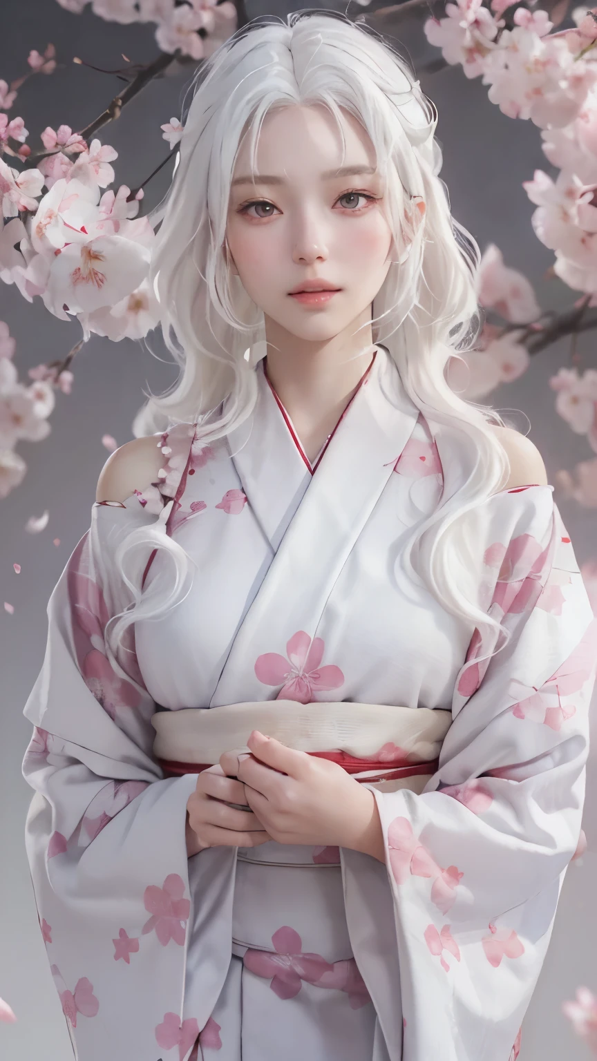 ((Hairstyled white hair:1.5))(Japan kimono with cherry blossom pattern:1.3), Symmetric, (highest quality, Photorealistic:1.4, Raw photo:1.2, Cinematic light, Highly detailed illustration), (1woman:1.3, alone), (Asian Girl, Very delicate face, Super beautiful face, Very delicate eyes, Ultra detailed nose, Very sophisticated mouth, Highly detailed facial features), woman, (Medium Bust:1.3), skin, Lip gloss, Laughter, Full Body View, High resolution, High resolution, 8k, Masterpiece 2:1, Skin Radiance, Glowing Skin, Young girl,（ Kyoto、Falling cherry blossoms）、off shoulder, shoulder blades、kimono
