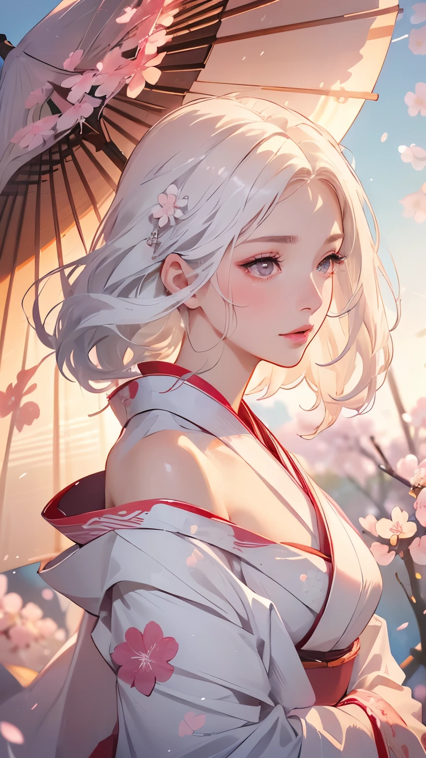 ((Hairstyled white hair:1.5))(Japan kimono with cherry blossom pattern:1.3), Symmetric, (highest quality, Photorealistic:1.4, Raw photo:1.2, Cinematic light, Highly detailed illustration), (1woman:1.3, alone), (Asian Girl, Very delicate face, Super beautiful face, Very delicate eyes, Ultra detailed nose, Very sophisticated mouth, Highly detailed facial features), woman, (Medium Bust:1.3), skin, Lip gloss, Laughter, Full Body View, High resolution, High resolution, 8k, Masterpiece 2:1, Skin Radiance, Glowing Skin, Young girl,（ Kyoto、Falling cherry blossoms）、off shoulder, shoulder blades、kimono
