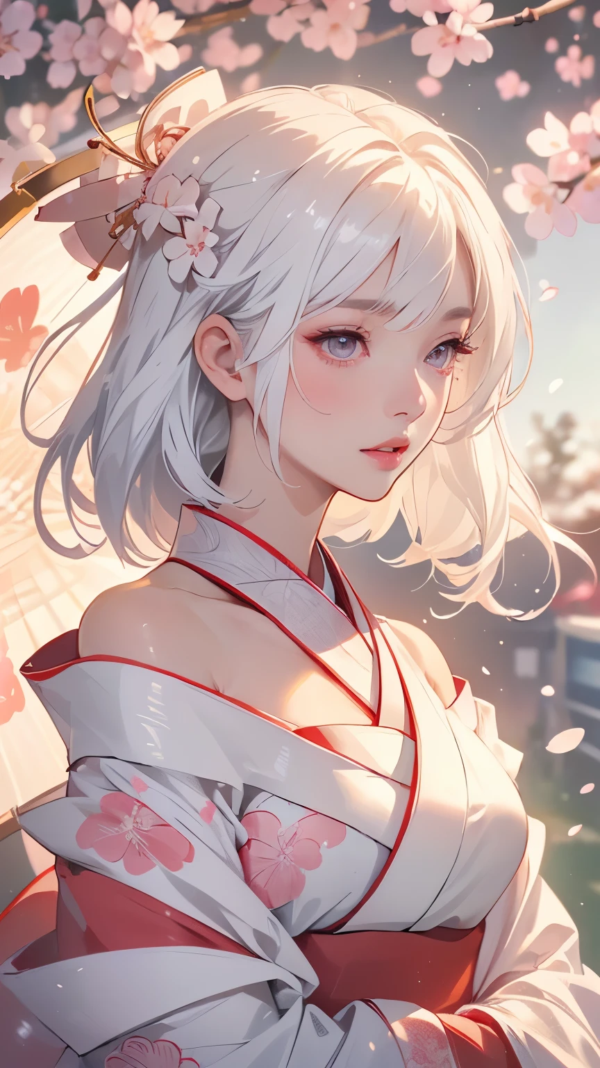 ((Hairstyled white hair:1.5))(Japan kimono with cherry blossom pattern:1.3), Symmetric, (highest quality, Photorealistic:1.4, Raw photo:1.2, Cinematic light, Highly detailed illustration), (1woman:1.3, alone), (Asian Girl, Very delicate face, Super beautiful face, Very delicate eyes, Ultra detailed nose, Very sophisticated mouth, Highly detailed facial features), woman, (Medium Bust:1.3), skin, Lip gloss, Laughter, Full Body View, High resolution, High resolution, 8k, Masterpiece 2:1, Skin Radiance, Glowing Skin, Young girl,（ Kyoto、Falling cherry blossoms）、off shoulder, shoulder blades、kimono
