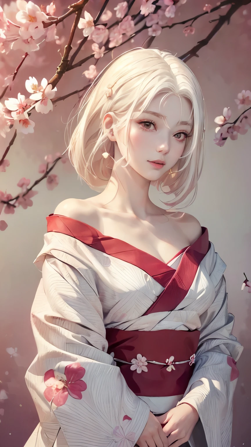 ((Hairstyled white hair:1.5))(Japan kimono with cherry blossom pattern:1.3), Symmetric, (highest quality, Photorealistic:1.4, Raw photo:1.2, Cinematic light, Highly detailed illustration), (1woman:1.3, alone), (Asian Girl, Very delicate face, Super beautiful face, Very delicate eyes, Ultra detailed nose, Very sophisticated mouth, Highly detailed facial features), woman, (Medium Bust:1.3), skin, Lip gloss, Laughter, Full Body View, High resolution, High resolution, 8k, Masterpiece 2:1, Skin Radiance, Glowing Skin, Young girl, Falling cherry blossoms、off shoulder, shoulder blades、kimono
