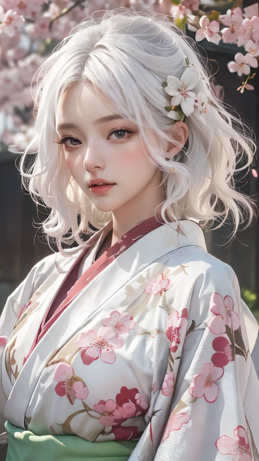 ((Hairstyled white hair:1.5))(Japan kimono with cherry blossom pattern:1.3), Symmetric, (highest quality, Photorealistic:1.4, Raw photo:1.2, Cinematic light, Highly detailed illustration), (1woman:1.3, alone), (Asian Girl, Very delicate face, Super beautiful face, Very delicate eyes, Ultra detailed nose, Very sophisticated mouth, Highly detailed facial features), woman, (Medium Bust:1.3), skin, Lip gloss, Laughter, Full Body View, High resolution, High resolution, 8k, Masterpiece 2:1, Skin Radiance, Glowing Skin, Young girl, Falling cherry blossoms、off shoulder, shoulder blades、kimono
