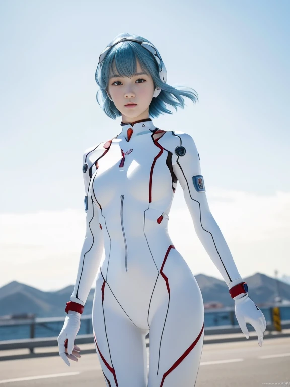 Ayanami Rei, Real Full Body Photography, Reality Girls, Real women, Blue Hair, Hair blowing in a strong wind, Smooth Hair, Highly detailed hair, short hair, red eyes, Red eyes, (Red eyes:1.2),
Real photo, the tights, small breasts, headgear, interface headsets, separated headsets, White bodysuit, big white bracelet, Large nut bracelet, White Gloves, white gloves
looking at side, skinny body, hole body, White bodysuit,  There is a 00 on the chest,
(masterpiece:1.2), highest quality, High resolution, Unity 8k wallpaper, (figure:0.8), (Accurate beautiful eyes:1.2), (Beautiful skin face:1.2), Highly detailed face, Perfect natural light, (Perfect hands, Perfect Anatomy),