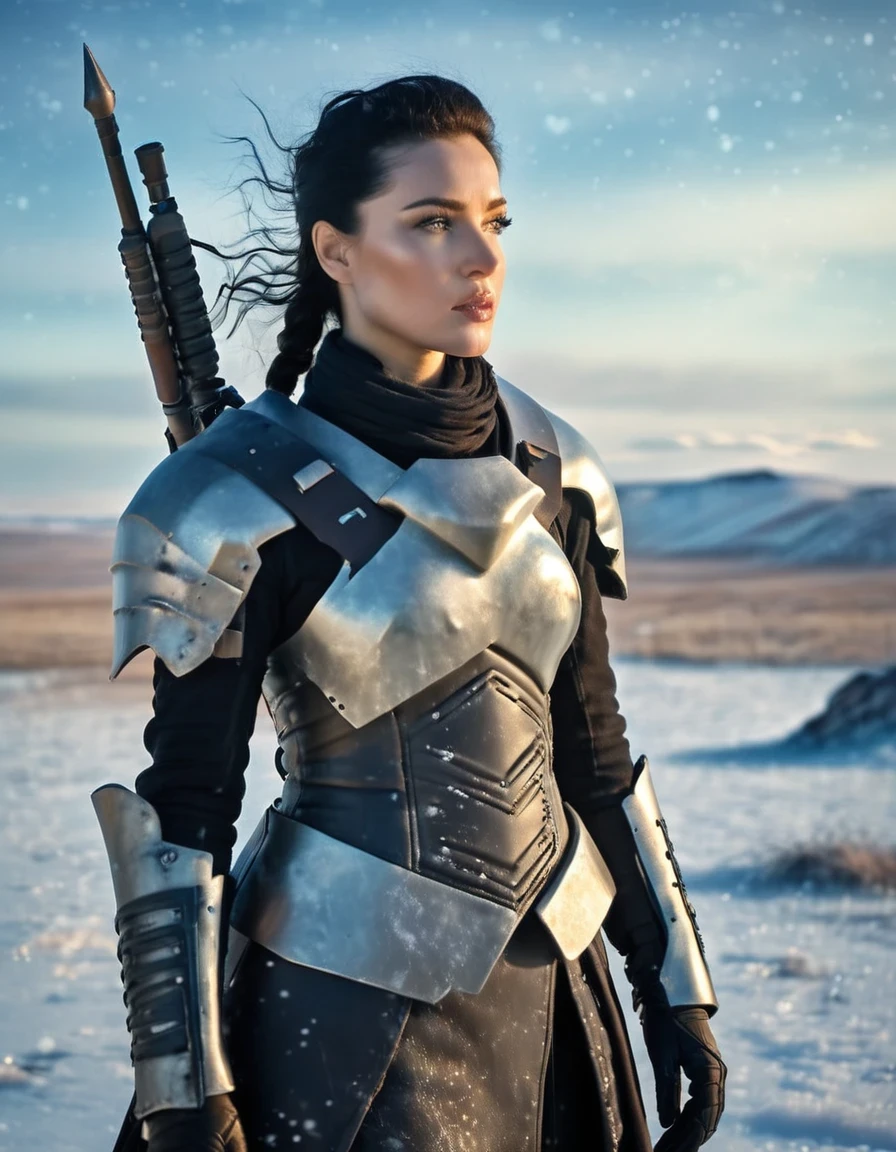 wasteland, Female Warrior Sci-fi Future Fantasy，Movie Stills，Siberia，Vast wasteland，Snow everywhere，Cold night，sci-fi art, in style of Amedeo Modigliani，