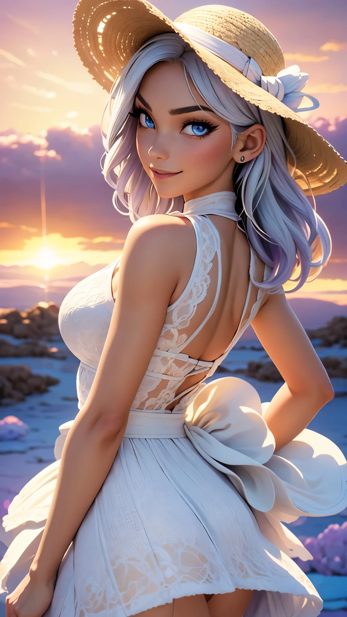1girl, masterpiece, extremly detailed, (beautiful detailed glow), lens flare, white hair, short hair, floating hair, looking back, back behind, smile, blue eyes, white dress, medium breasts, upper body, wide shot, straw hat, ((salar de uyuni)), sunrise, clouds, backlighting, purple sky, yellow sky, gradient sky, hands on hat