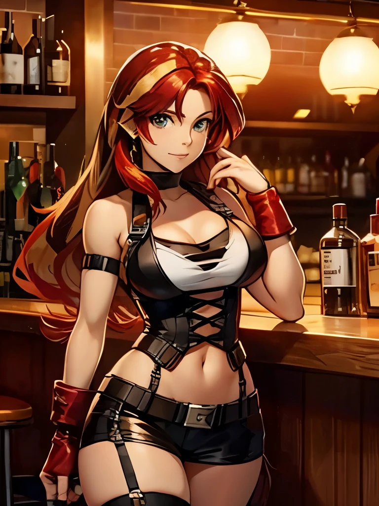 Sunset shimmer vestida como tifa lockhart de final fantasy, en un bar, pelo de dos tonos