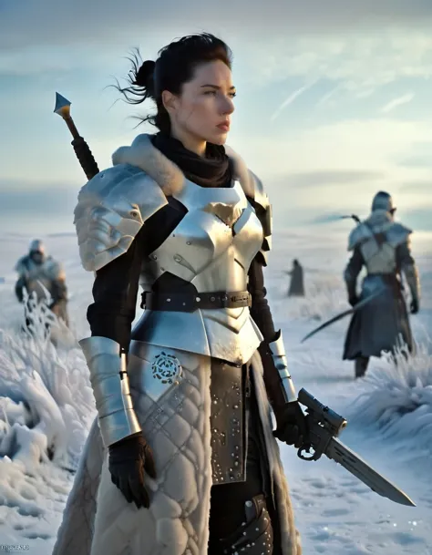 wasteland, Female Warrior Sci-fi Future Fantasy，Movie Stills，Siberia，Vast wasteland，Snow everywhere，Cold night，sci-fi art, in st...