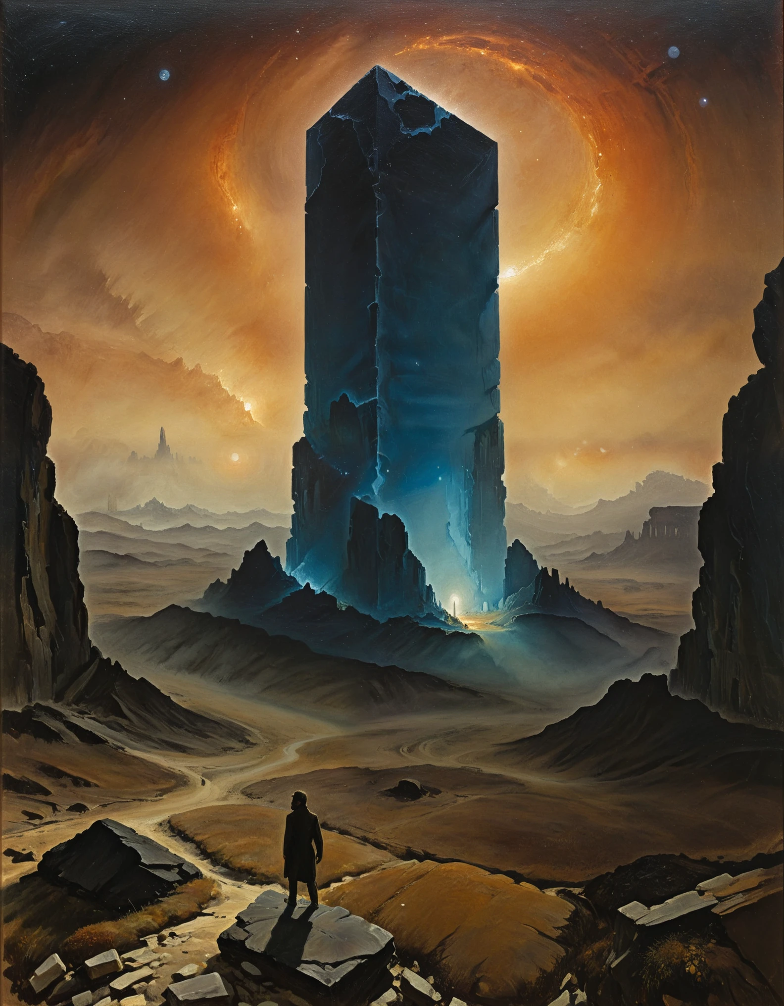 mystery book cover art, suspenseful, shadowy, atmospheric, dark colors "visualize a desolate expanse where a spectral landscape unfolds from an ambient haze, as if the very fabric of reality has been drained of color and vitality. a crystalline monolith, bereft of any visible pulse or energy, rises from the barren terrain like a shard of forgotten knowledge, casting an eerie glow across the featureless surroundings. the artwork should evoke a sense of disquieting detachment, where the boundaries between nothingness and existential despair blur, leaving the viewer suspended in a state of numb indifference."